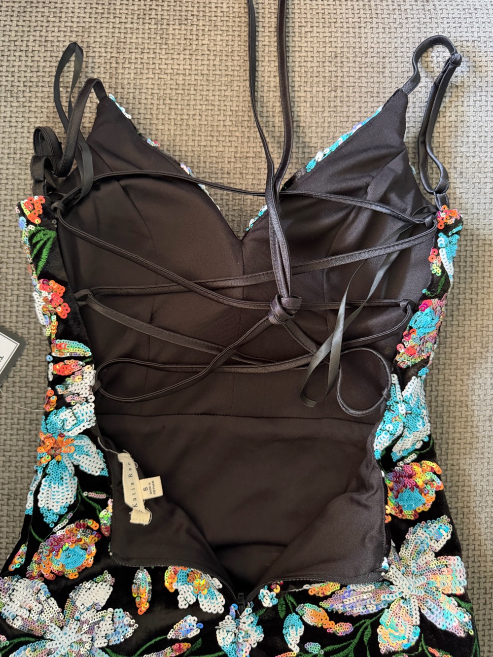 Floral Sequin V-Neck Bodycon Mini Dress S Katia Rae Black Cocktail Party Formal - Picture 12 of 15